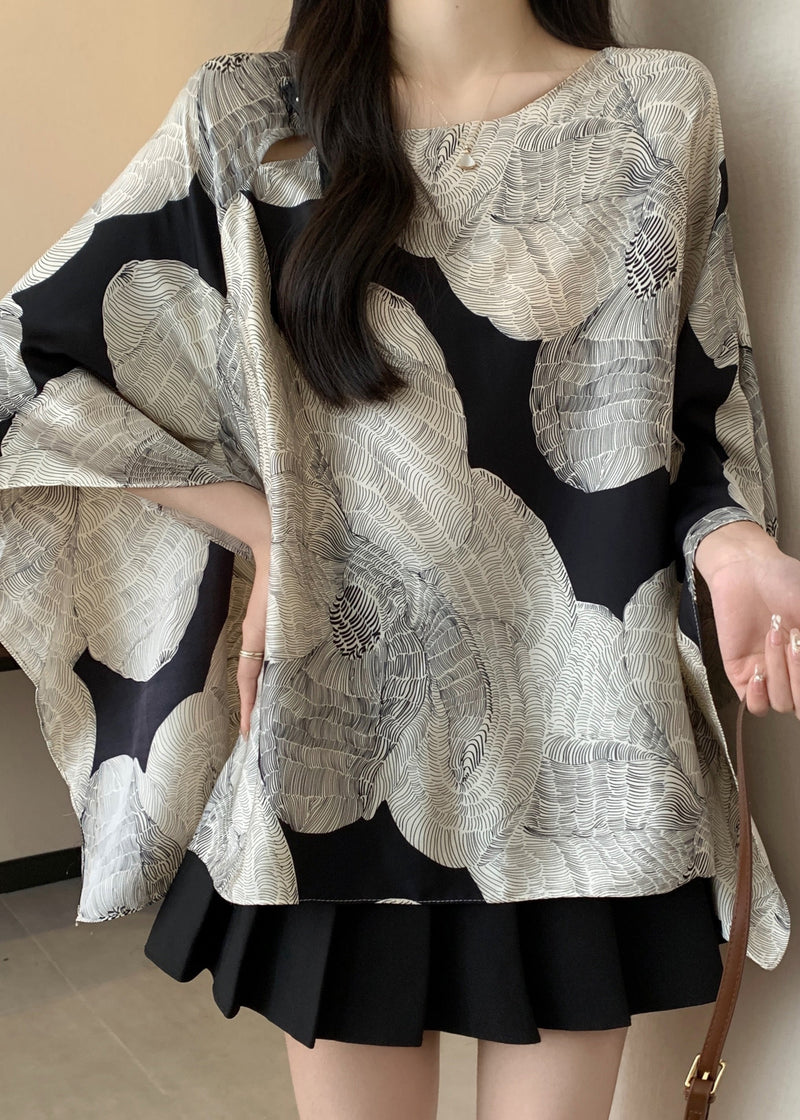 French O-neck Print Batwing Sleeve Shirt Top