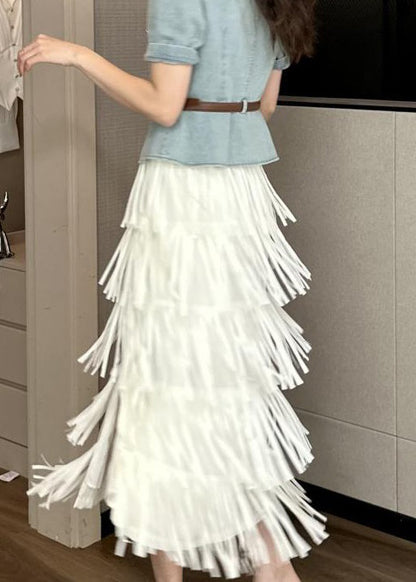 French Beige Tasseled High Waist Chiffon Skirts Spring