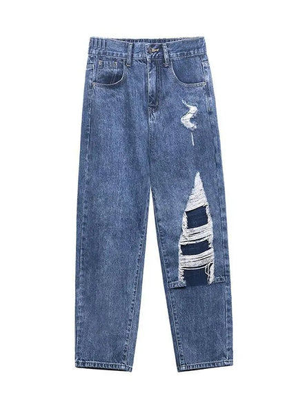 French Blue Cotton Hole Patchwork Jeans Pants
