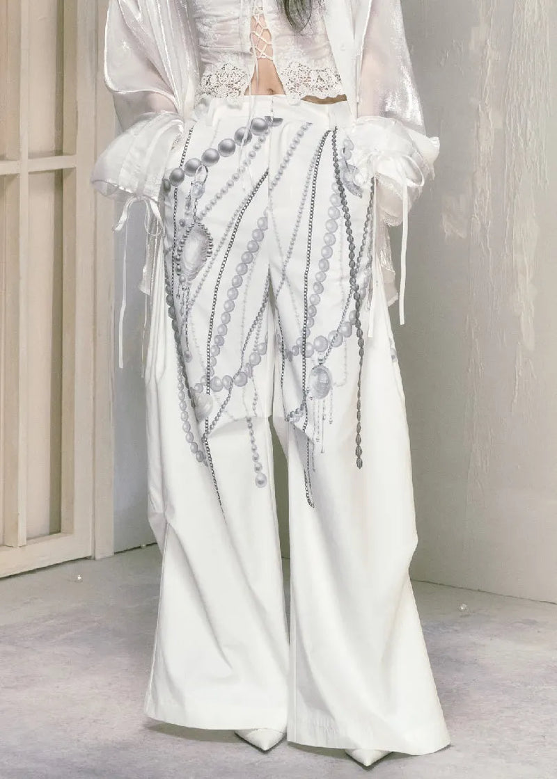 Modern White Print Pockets Cotton Wide Leg Pants Summer