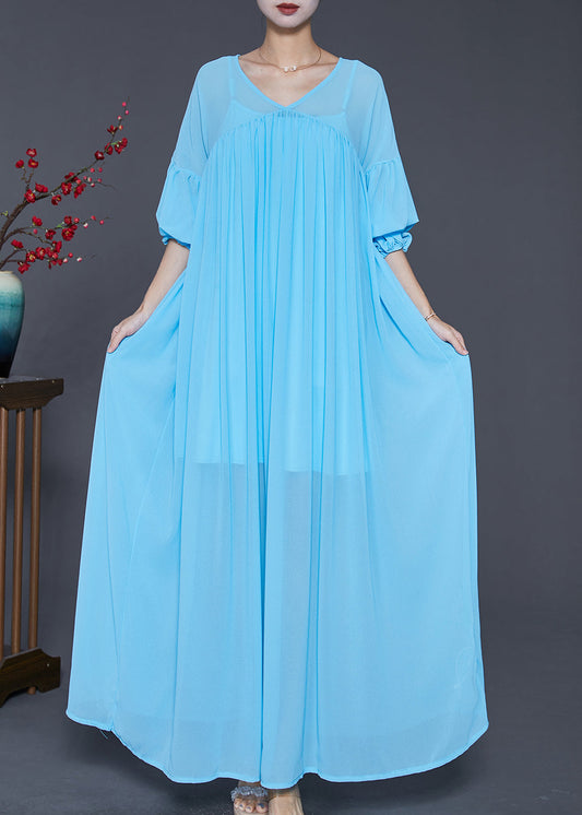 Lake Blue Oversized Wrinkled Chiffon Maxi Dress Fall