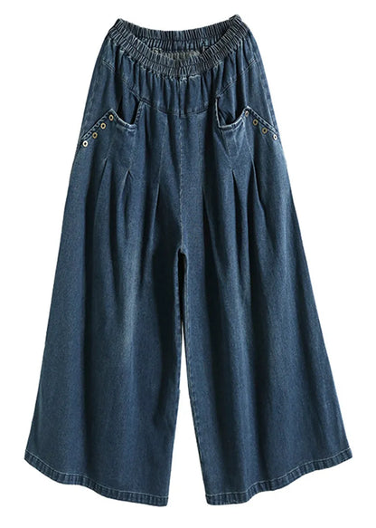 Blue Pockets Patchwork Wide Leg Jeans Spring
