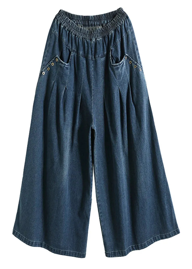 Blue Pockets Patchwork Wide Leg Jeans Spring