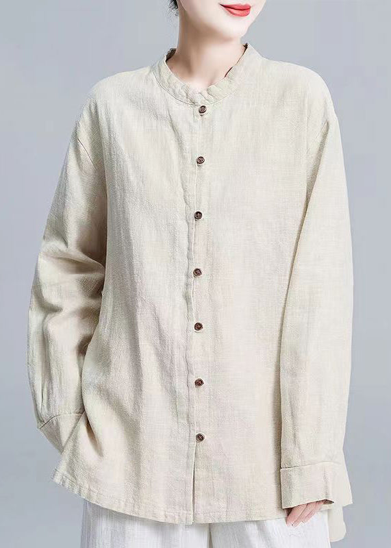 New Linen Stand Collarbutton Patchwork Linen Shirt Tops Fall