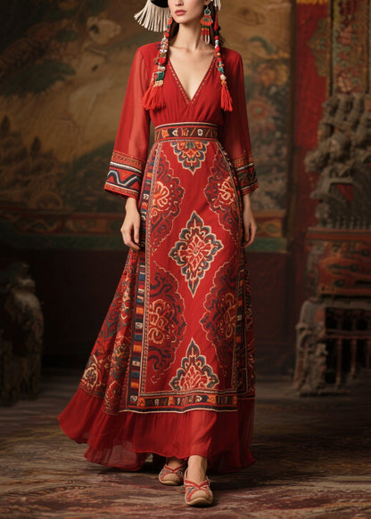 Style Red Print Patchwork Chiffon Long Dress Fall