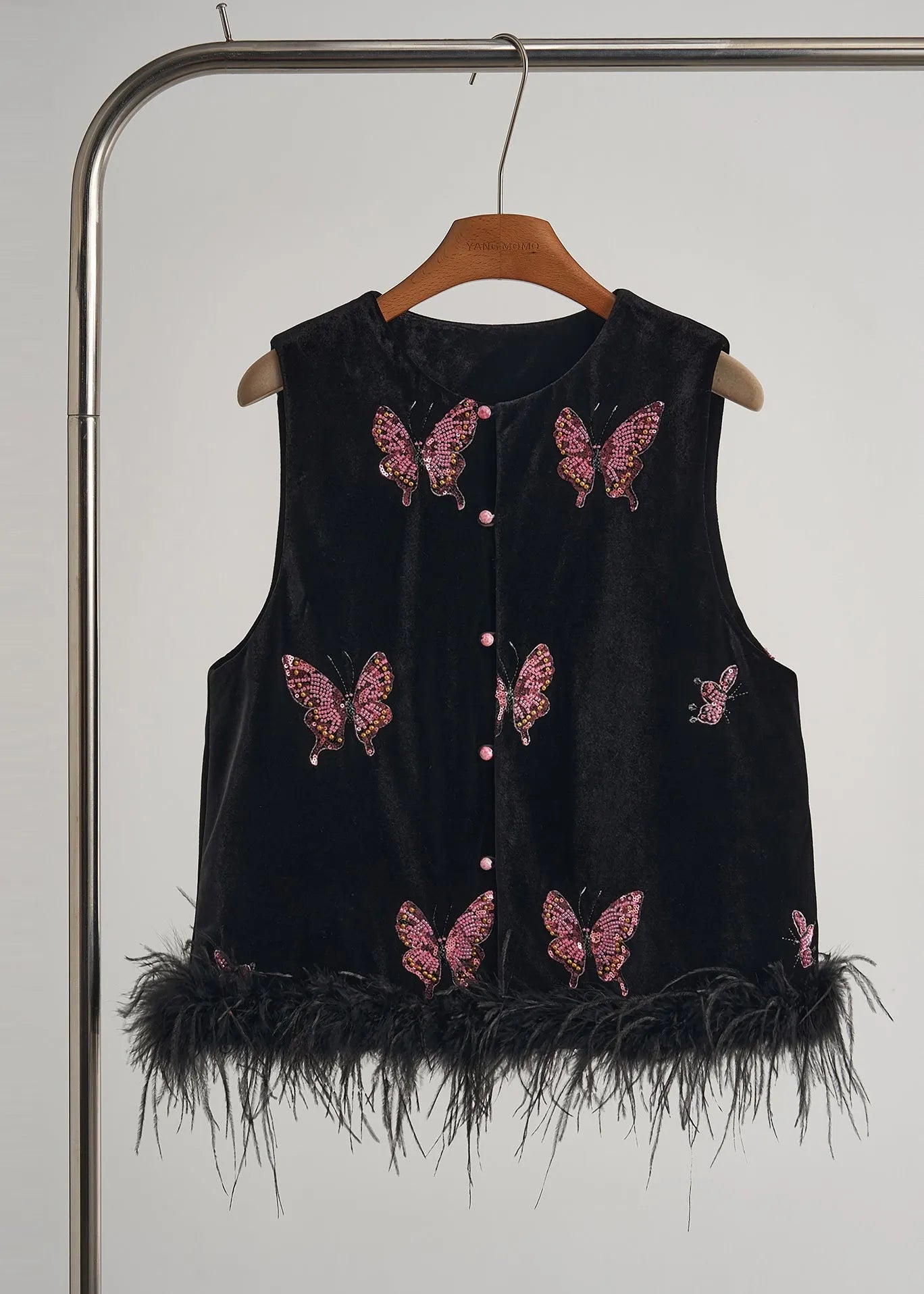 Black Butterfly Patchwork Feather Silk Velvet Two Piece Set Clothing Fall