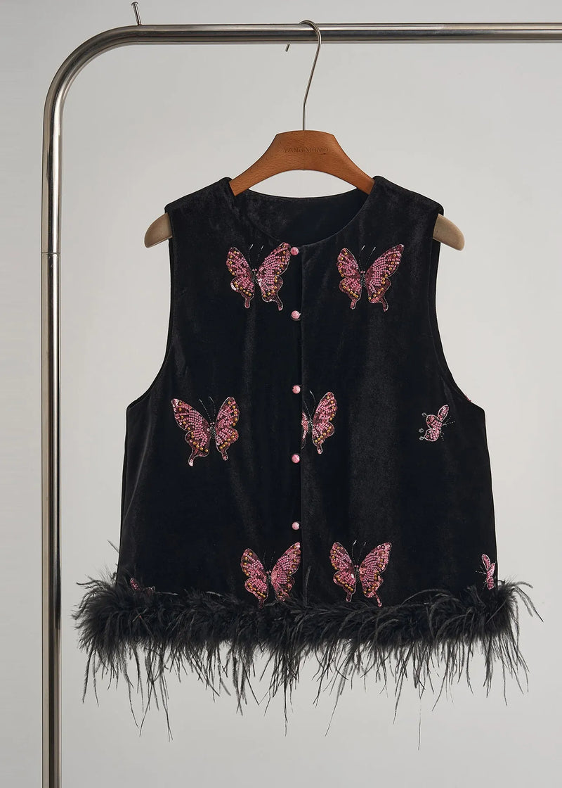 Black Butterfly Patchwork Feather Silk Velvet Two Piece Set Clothing Fall