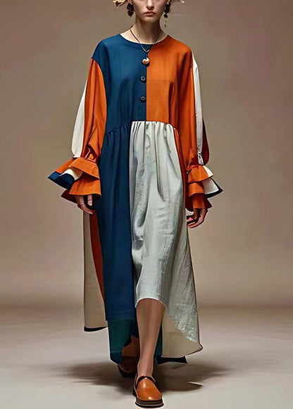 Colorblock Oversized Patchwork Linen Dress Flare Sleeve