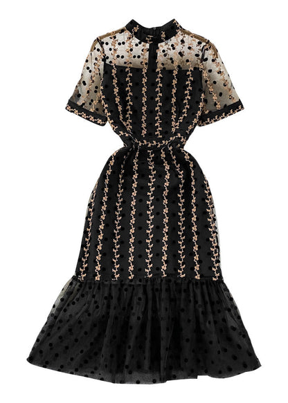 Black O-neck Dot Ruffled Tunic Tulle Long Fishtail Dress Short Sleeve