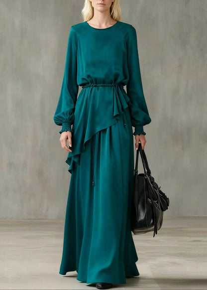 Peacock Blue Asymmetrical Cinched Cotton Two Pieces Set Summer