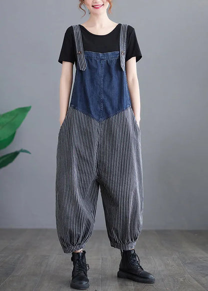 French Navy Striped Pocket Patchwork Denim Overalls Jumpsuit Spring