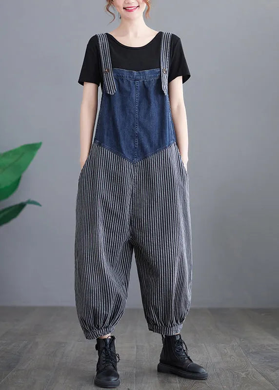 French Navy Striped Pocket Patchwork Denim Overalls Jumpsuit Spring