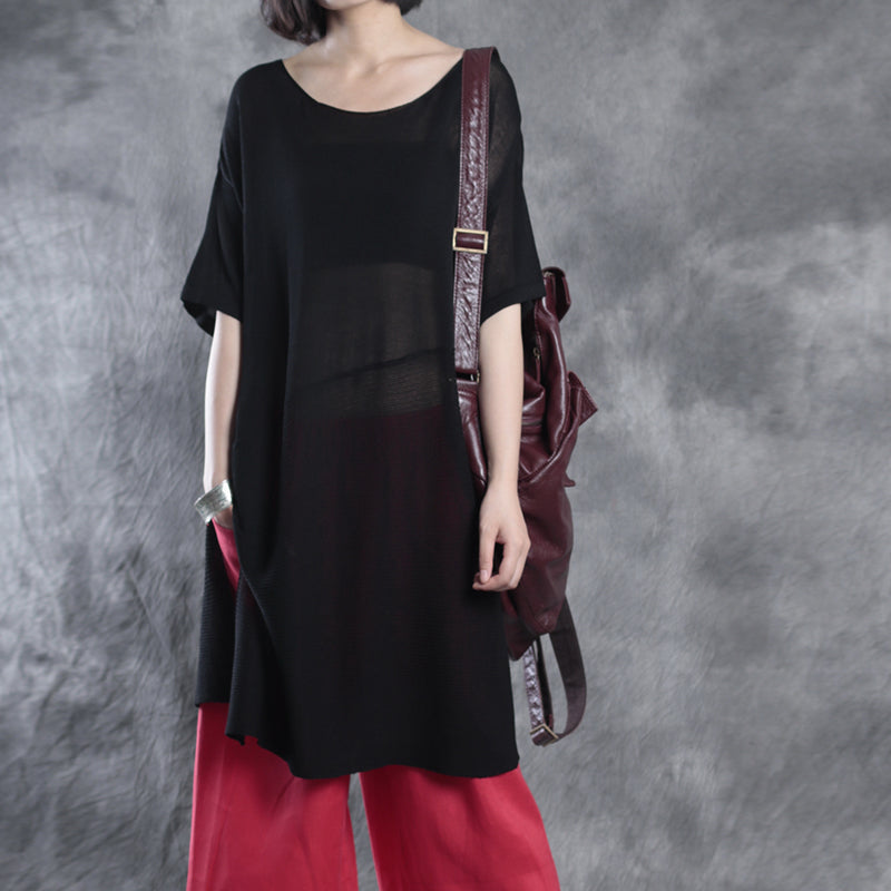 Black O-neck Patchwork Fall Half Sleeve Top