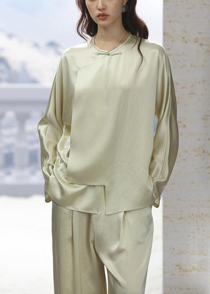 New Light Green O-neck Button Silk Pajamas Two-piece Set Long Sleeve