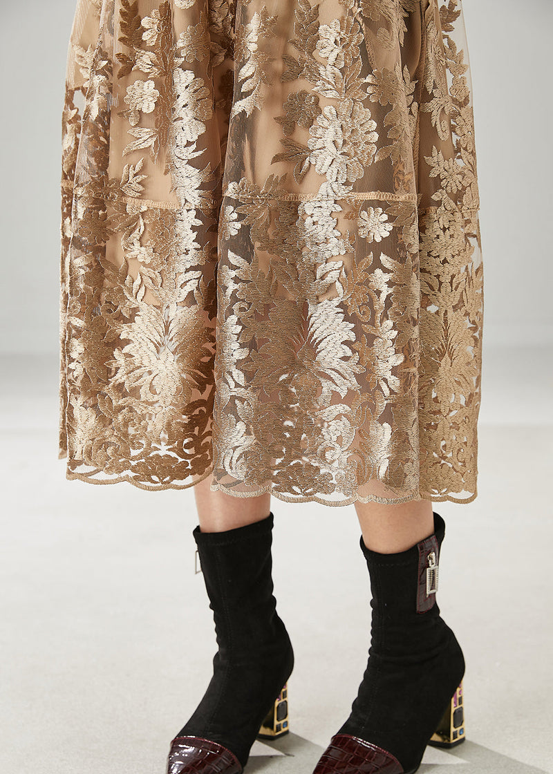 Brown Embroidered Tulle a Line Skirts Spring