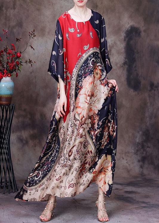 Red O-neck Asymmetrical Print Silk Holiday Dress Half Sleeve