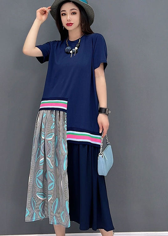 Blue O-neck Asymmetrical Design Cotton Maxi Dress Short Sleeve