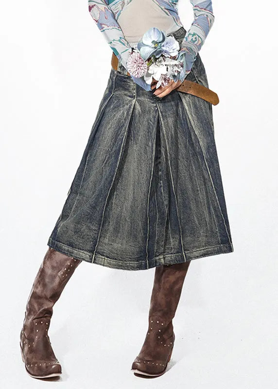 Retro Denim Blue High Waist Pleated Skirts Summer