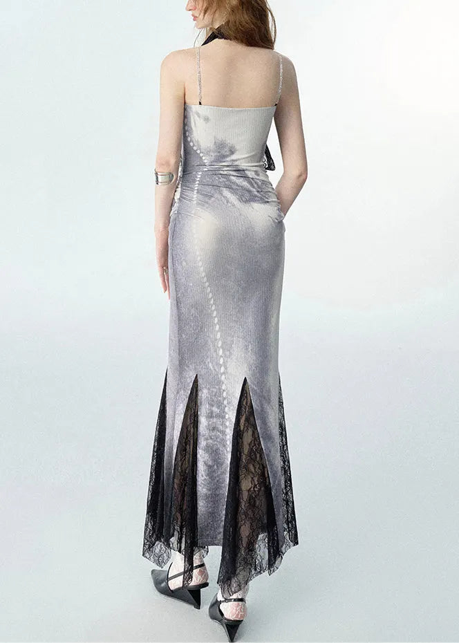 Novelty White Print Zircon Lace Patchwork Maxi Dress Sleeveless