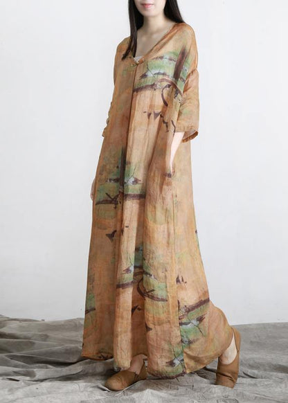 Diy Yellow Print Linen Oversize Summer Long Dress