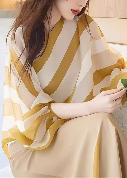 Italian Yellow O-neck Striped Chiffon Shirt Batwing Sleeve