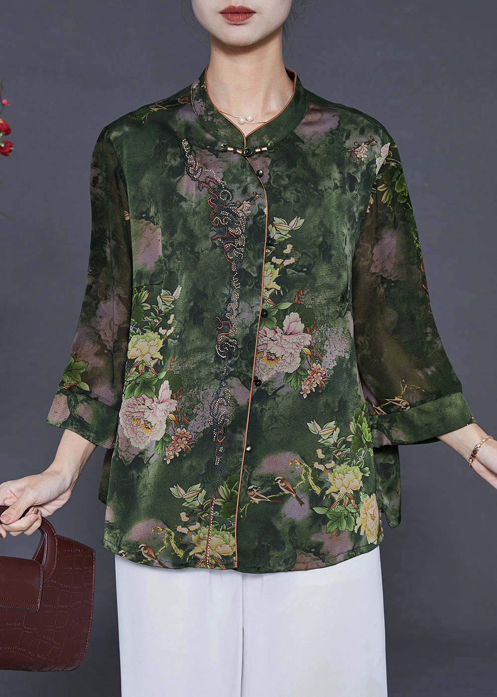 Green Stand Collar Print Silk Shirt Tops Summer
