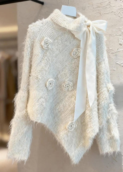 Apricot Asymmetrical Bow Patchwork Cotton Knit Sweater Spring