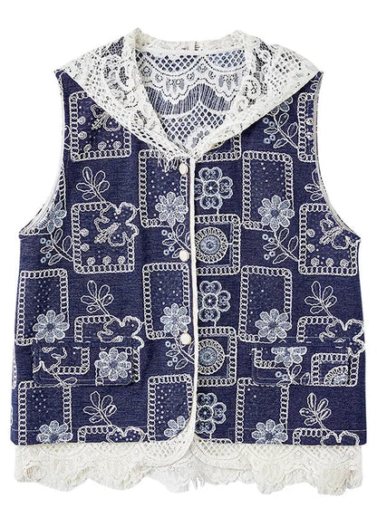 Italian Blue V Neck Print Hollow Out Denim Waistcoat Sleeveless