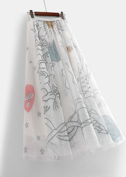 White Elastic Waist Print Tulle Holiday Skirts Spring