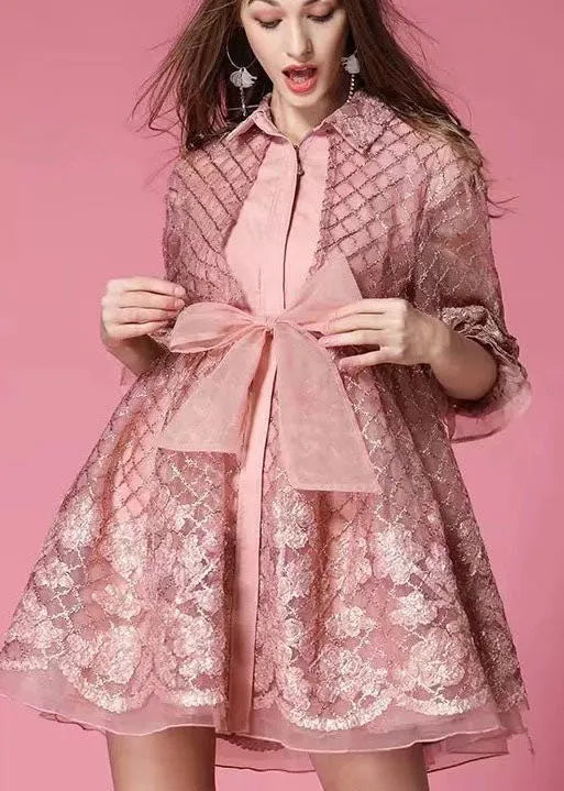 Grey Organza Patchwork Hollow Out Bow Waist Fall Half Sleeve Coat
