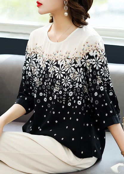 Classy Black O-neck Print Chiffon Shirts Summer