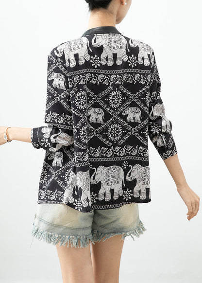 Black Elephant Print Patchwork Blouse Tops Fall