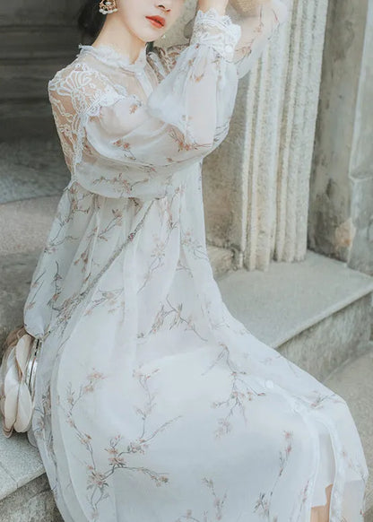White Print Lace Patchwork Chiffon Two Pieces Dresses Fall