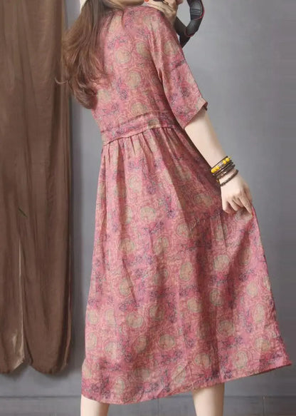 Organic Red Cinched Print Linen Dresses Summer