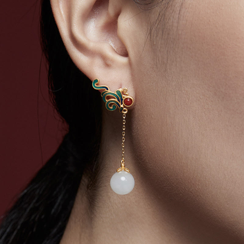 Buddha Stones White Jade Red Agate Bead Blessing Drop Dangle Earrings