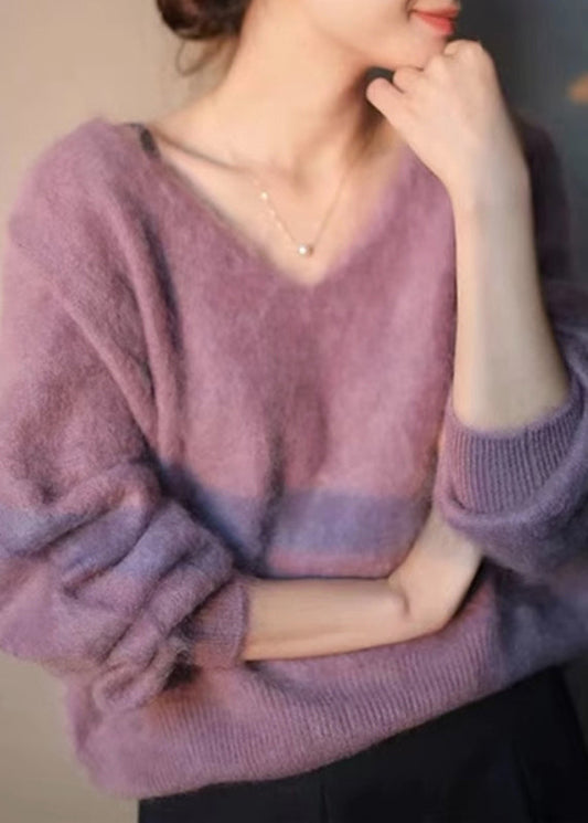 Purple V Neck Cozy Knit Sweater Long Sleeve
