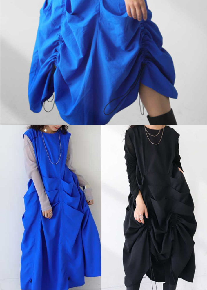 Blue Oversized Wrinkled Cotton Vacation Dresses Sleeveless Fall