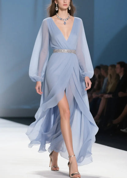 Sky Blue Wrinkled Low High Design Long Dresses V Neck