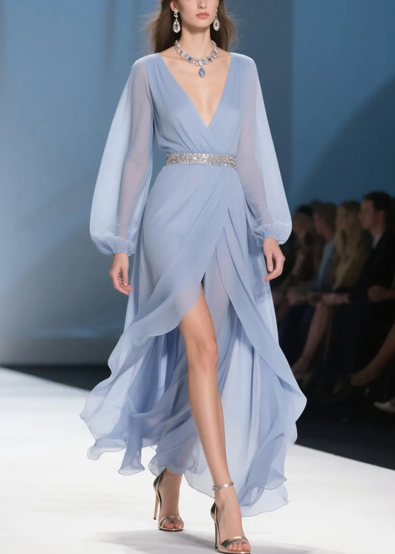 Sky Blue Wrinkled Low High Design Long Dresses V Neck