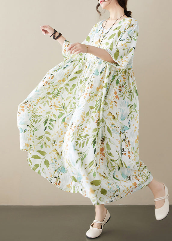 Organic Light Green O-neck Print Wrinkled Maxi Dress Half Sleeve