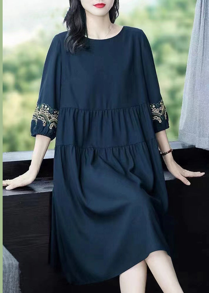 Loose Navy O-neck Embroidered Cotton Dresses Bracelet Sleeve Summer