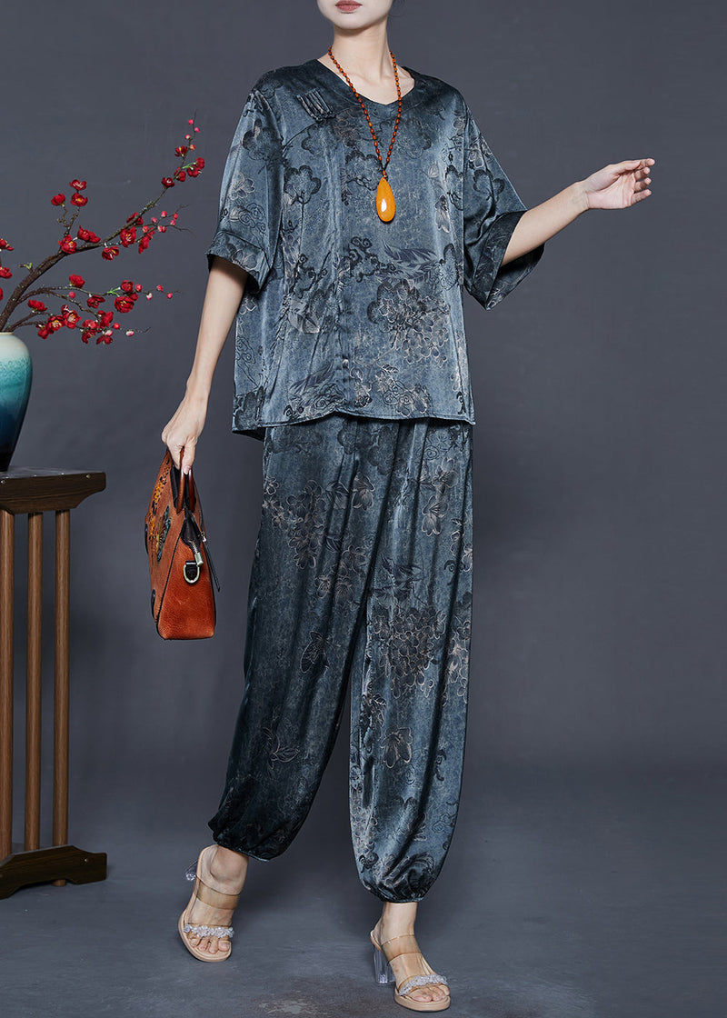 Navy Oversized Print Silk Two Pieces Set Summer