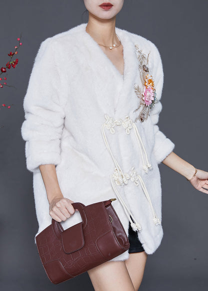 White Chinese Button Faux Fur Jackets Winter