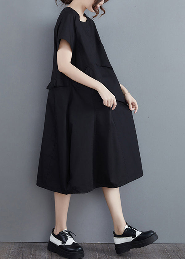 Black Pockets Vacation Dresses Wrinkled Short Sleeve