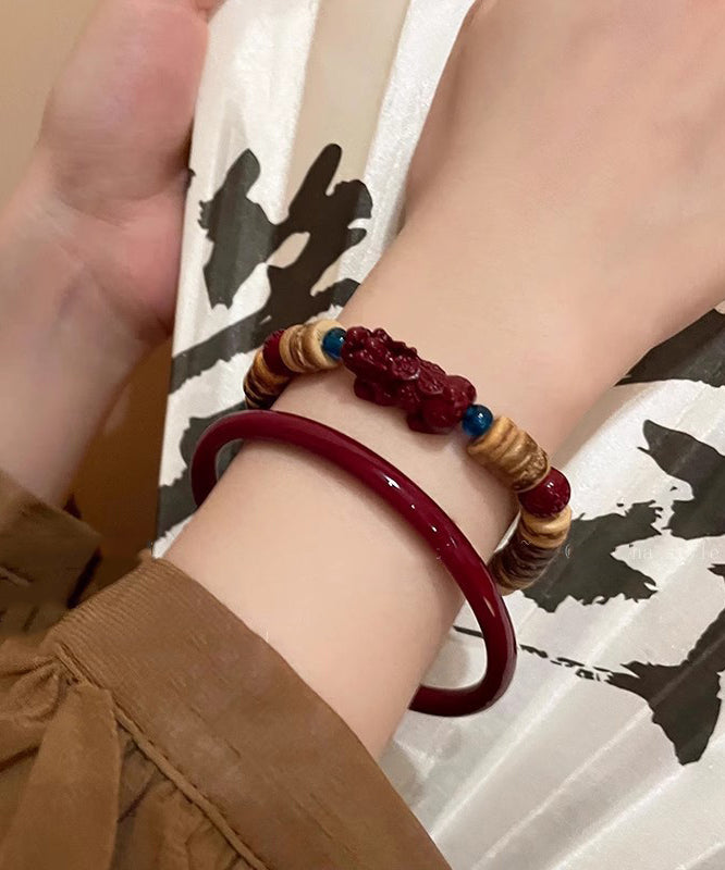 Handmade Red Cinnabar Bracelet and Coconut Shell a Mythical Wild Animal Two Piece Set Bangle