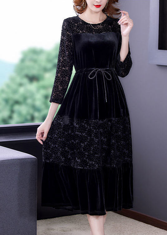 Black O-neck Patchwork Tie Waist Silk Velour Dress Bracelet Sleeve