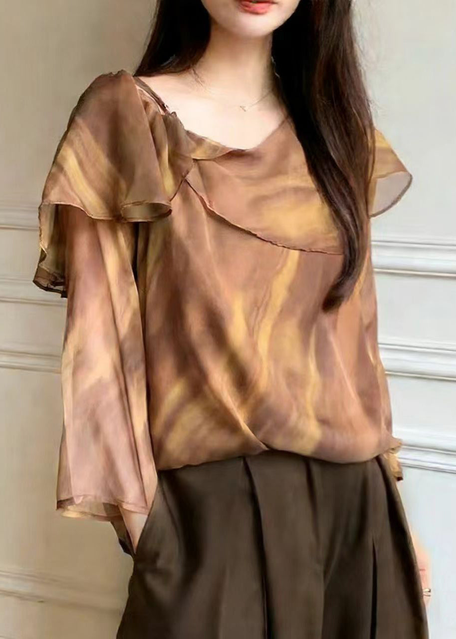Brown One Shoulder Tie Dye Chiffon Blouse Top Spring