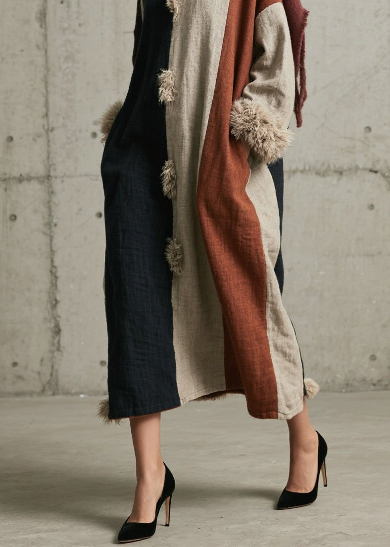 Colorblock Fuzzy Fur Fluffy Patchwork Cotton Dress Fall