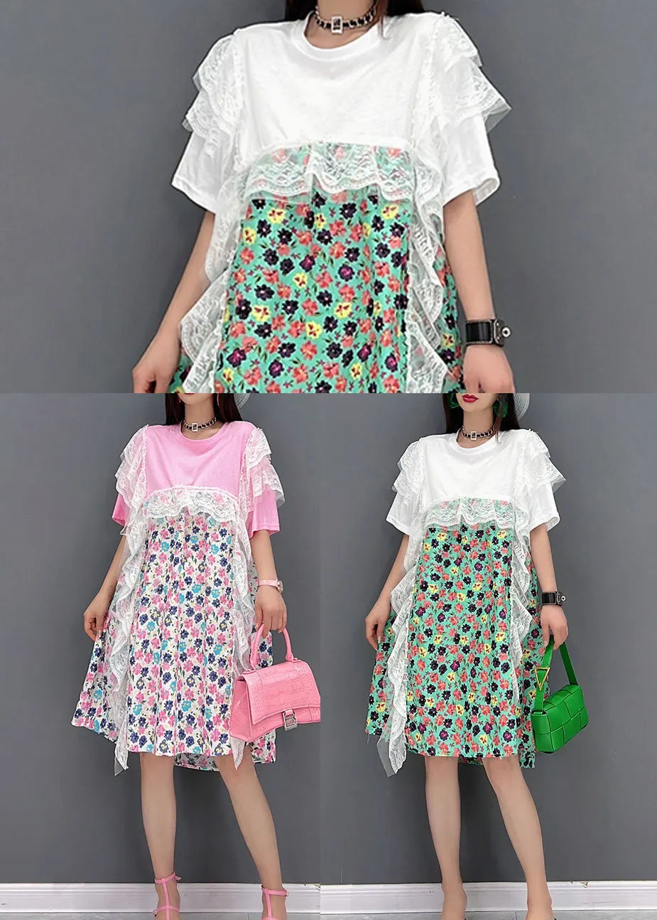 Green Print Lace Patchwork Party Dress O-neck Short Sleeve
