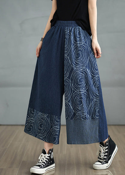 Navy Asymmetrical Print Denim Pants Summer